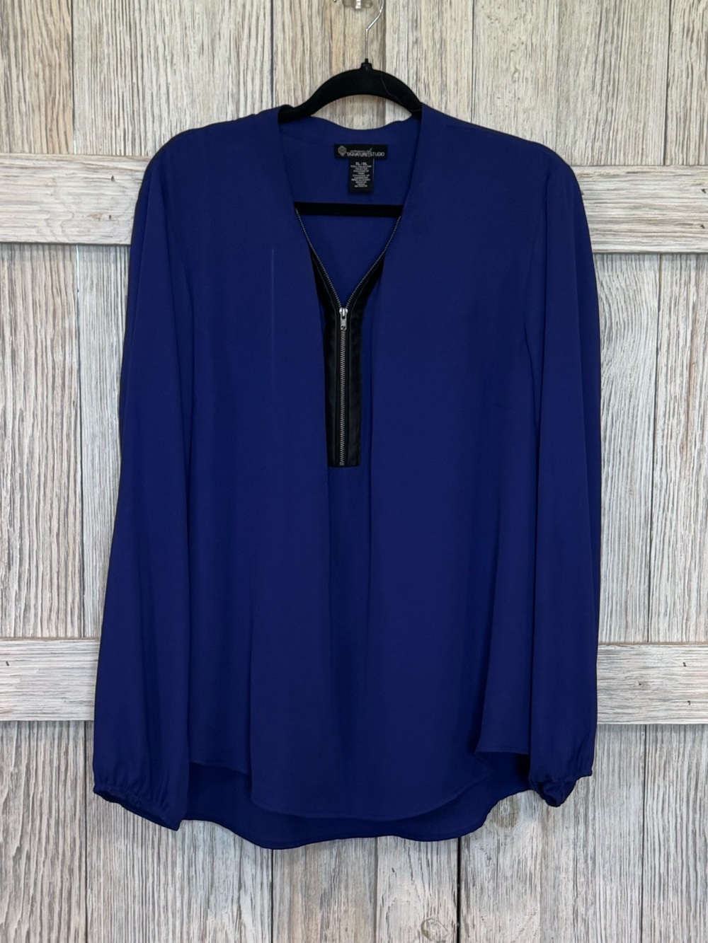 Signature Studio Deep Blue Long Sleeve Zip-Front Blouse Sz XL
